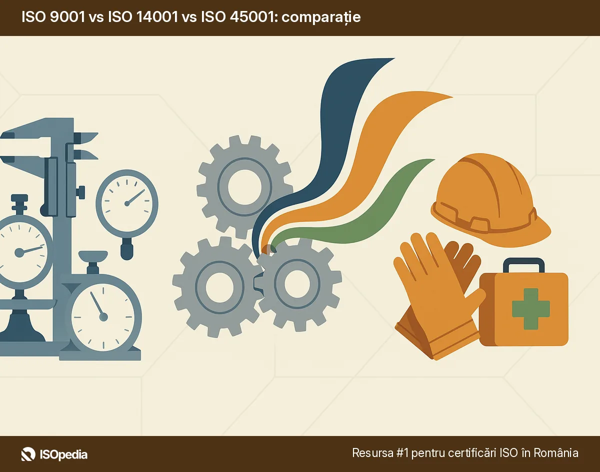 ISO 9001 vs ISO 14001 vs ISO 45001: comparație